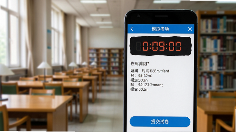 展示软件“模拟考场”界面的安卓手机特写,屏幕显示倒计时计时器、题目区域以及底部的“提交试卷”按钮,背景为虚化的图书馆环境,强调专注与高效,高清细节,色彩还原准确,突出软件的实用功能