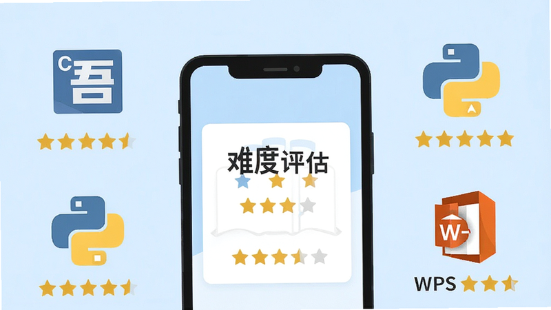 一张展示不同科目难度对比的图表,背景为浅蓝色,中间有一个手机界面显示“难度评估”模块,周围环绕着C语言、Python、WPS Office的图标,图标上有星级评价,整体风格扁平化,清晰直观,无多余装饰,高清矢量图风格