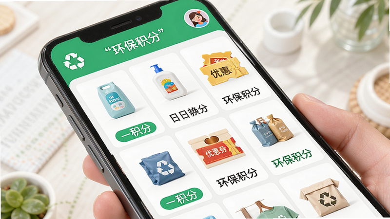 聚换旧衣服回收APP的积分商城界面展示,主体为手机屏幕,布局呈现网格状商品列表,包括日用品、优惠券等,排版整齐有序,风格明亮活泼,细节展示积分兑换按钮与用户头像,画质精细,干净界面,文字加引号“环保积分”