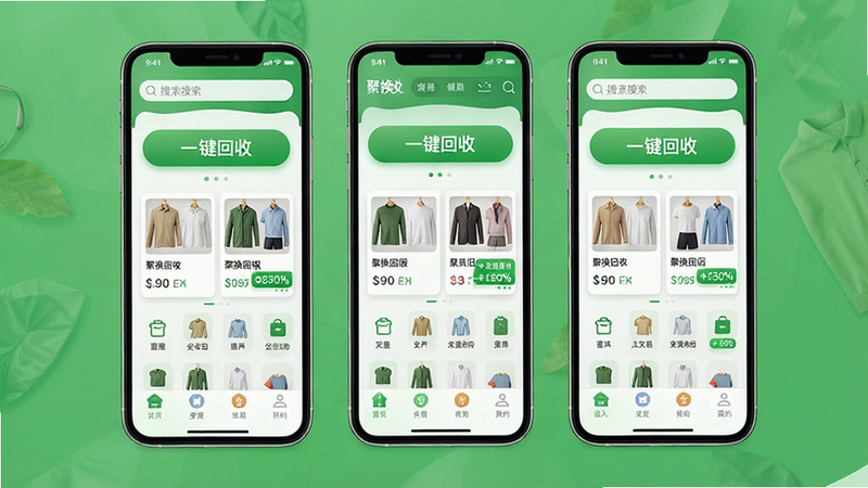 聚换旧衣服回收APP主界面全景图,主体为手机屏幕显示应用首页,布局清晰包含顶部搜索栏、中部“一键回收”大按钮及下方分类图标,排版简洁现代,风格清新绿色调,细节展示衣物分类卡片与实时价格标签,画质高清,干净无多余元素,文字加引号“聚换旧衣服回收”
