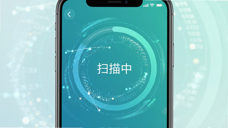手机界面截图风格,显示一个圆形的进度条正在快速旋转,中心显示“扫描中”,周围有细微的数据粒子效果,界面色调为清新的蓝绿色,体现速度和科技感,文字清晰可见,无其他干扰元素