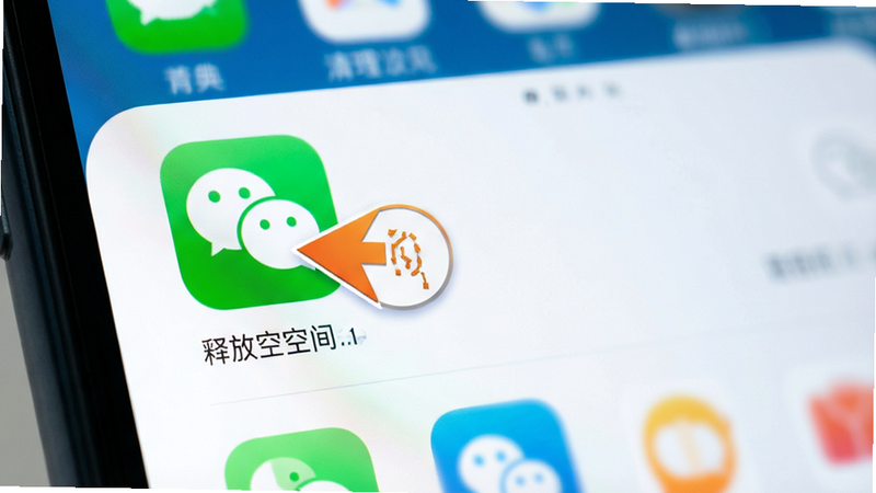 手机屏幕显示应用列表,其中微信图标旁有一个明显的瘦身箭头图标,下方显示释放空间数值,背景虚化,突出清理前后的对比效果,风格简洁,色彩明亮,无水印,高清细节