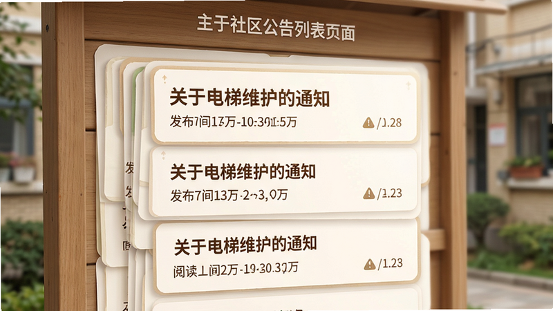 主体为社区公告列表页面,布局为卡片堆叠式,排版层次分明,风格为温馨社区风,细节包含公告标题、发布时间、阅读人数,文字显示“关于电梯维护的通知”,画质清晰,干净,无多余元素