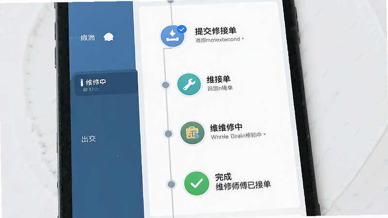 主体为报修进度追踪界面,布局为时间轴形式,排版纵向延伸,风格为清新直观,细节包含节点图标如提交、接单、维修中、完成,文字显示“维修师傅已接单”,画质高清,干净,无多余元素