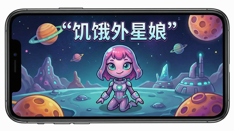 主体为手机屏幕界面,显示“饥饿外星娘”游戏画面,布局清晰,排版整洁,风格为科幻卡通,细节丰富,画质高清,干净,无多余元素,文字加引号“饥饿外星娘”