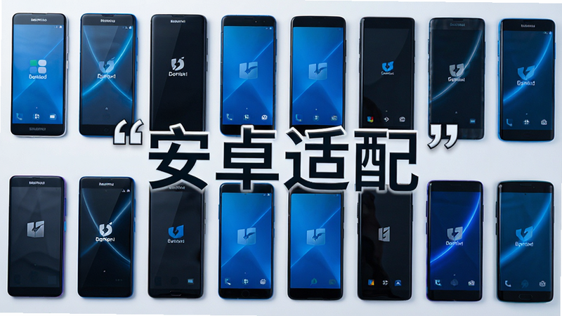 主体为多款安卓手机排列展示,布局整齐,排版对称,风格为科技蓝,细节显示手机品牌logo,画质高清,干净,无多余元素,文字加引号“安卓适配”