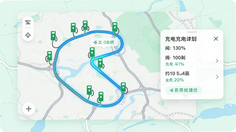 主体为充电地图导航界面,布局展示蜿蜒的道路地图与多个绿色充电桩标记点,右侧悬浮充电计划卡片,背景为清新的浅色调,风格为导航地图UI,细节包含路径高亮线与时间预估标签,画质清晰,干净无杂乱