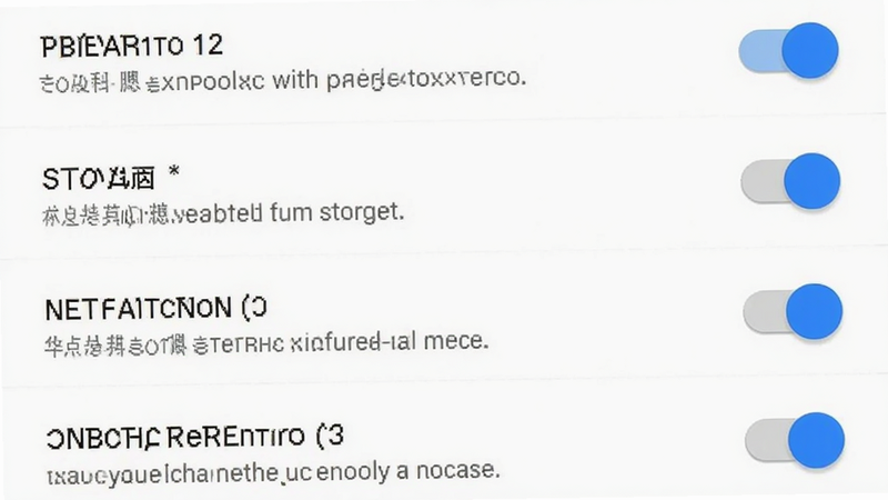 主体为手机端设置权限界面截图,布局为垂直列表,显示位置、存储、通知等权限开关状态,背景为白色简洁底色,风格为安卓系统原生UI,细节包含蓝色开关按钮与灰色说明文字,画质清晰,干净无干扰