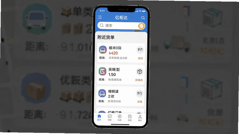 主体为手机屏幕界面,显示亿柜达APP的主页,布局清晰,顶部有搜索栏,中部展示附近的货运订单列表,底部有导航菜单,风格为现代扁平化设计,细节包含订单金额、距离、货物类型等图标,画质高清,干净,无多余元素