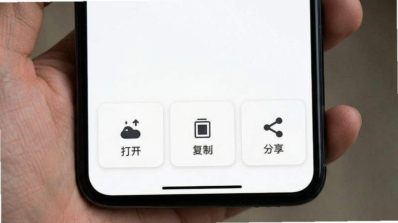 主体为手机界面,显示识别成功后的操作菜单,包括“打开”、“复制”、“分享”三个大按钮,背景为白色,布局底部对齐,排版简洁直观,风格扁平化设计,细节清晰展示按钮图标,高清画质,干净无多余元素