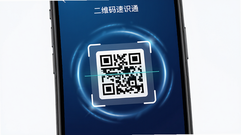 主体为智能手机屏幕特写,屏幕显示“二维码速识通”应用界面,中央有一个正在扫描的二维码框,四周有动态光圈效果,背景为深蓝色科技感渐变,布局简洁居中,排版清晰,风格现代极简,细节丰富,高清画质,干净无多余元素