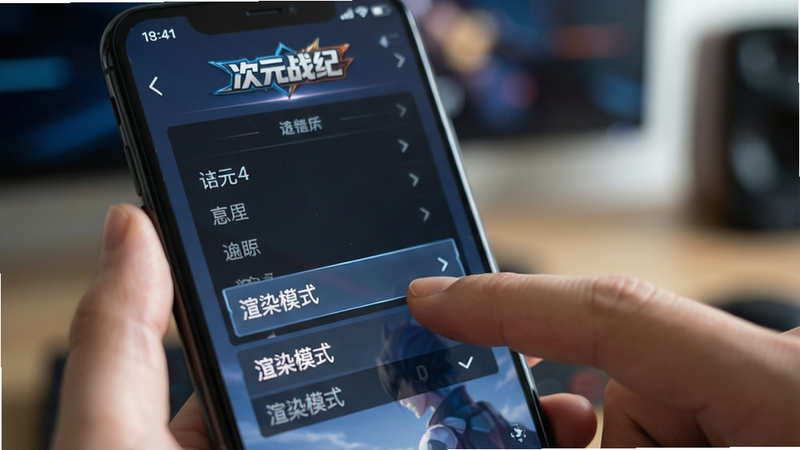主体:手机屏幕上显示《次元战纪》设置界面,手指正在点击“渲染模式”选项,背景模糊,聚焦于屏幕操作,写实风格,高清晰度,无多余元素,文字清晰