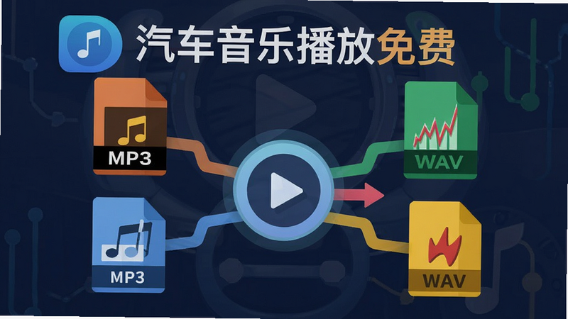 展示音频格式兼容性的概念图,主体为多个音乐文件图标(MP3, FLAC, WAV)汇聚到一个播放核心,背景为“汽车音乐播放免费”的Logo元素,风格扁平化,色彩鲜艳,布局中心对称,细节丰富,画质清晰,干净无多余装饰