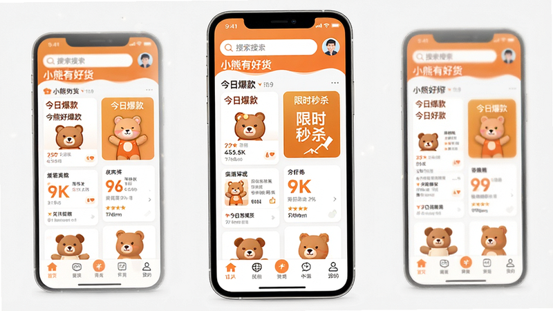 主体为小熊有好货APP界面全景图,布局采用居中对称式,顶部显示搜索栏与用户头像,中部展示“今日爆款”、“限时秒杀”等核心功能卡片,底部为导航栏。排版清晰,风格为现代扁平化设计,色彩以暖橙色与白色为主,细节处体现高清图标与柔和阴影,画质4k,干净,无多余元素,文字清晰显示“小熊有好货”