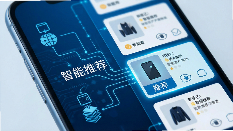 主体为手机屏幕特写,展示智能推荐算法工作示意图,布局左侧为数据流图标,右侧为商品卡片列表,排版采用左右分栏,风格为科技感蓝色调,细节包含数据连线与高亮推荐商品,画质高清,干净,无多余元素,文字标注“智能推荐”