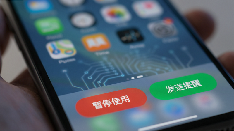 手机屏幕特写,显示一个红色的“暂停使用”按钮和一个绿色的“发送提醒”按钮,背景模糊处理,突出前景的两个操作按钮,界面干净,光影效果柔和,体现科技感与安全感,高清画质