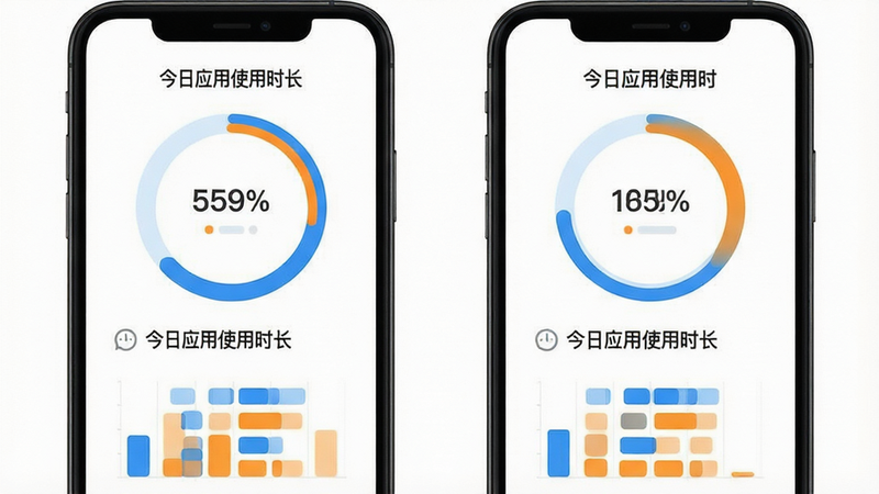 一张手机UI设计图,展示了一个圆形的进度条和下方的条形统计图,标题文字为“今日应用使用时长”,图表颜色为蓝色和橙色搭配,背景为纯白色,风格扁平化,清晰易读,高分辨率