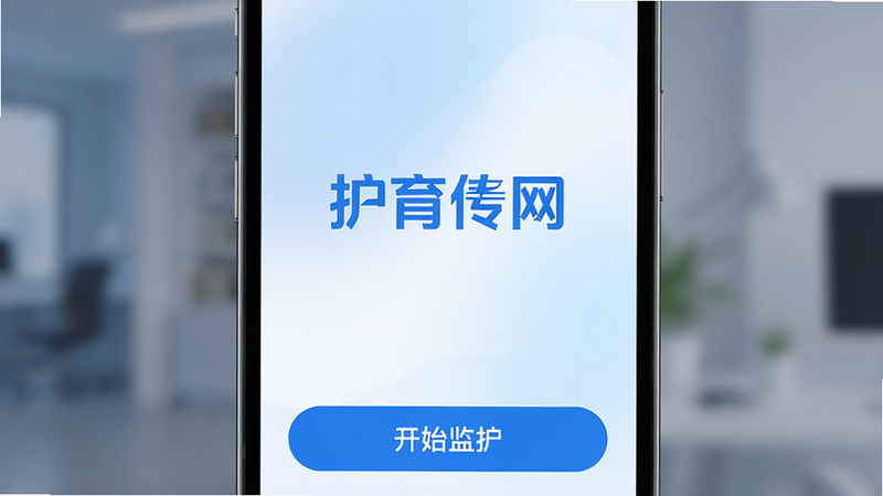 一张展示手机屏幕界面的图片,屏幕中央显示着“护育传网”的蓝色Logo,背景是柔和的蓝白色渐变,界面下方有清晰的“开始监护”按钮,整体风格现代、简洁、科技感强,高清,无多余元素
