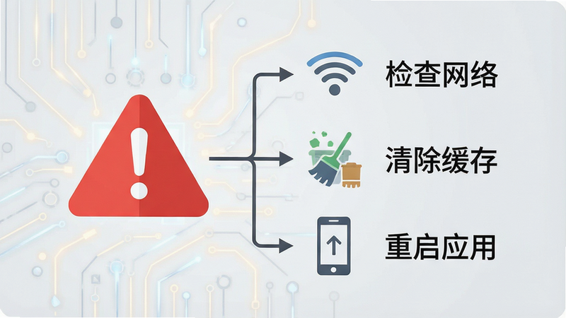 一张手机故障排查示意图,左侧显示一个红色的警告图标,右侧列出三条解决步骤的图标化流程,背景为浅灰色科技风,文字清晰标注