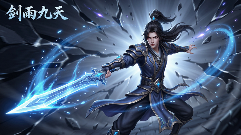 主体为游戏《剑雨九天》中的技能释放场景,布局为动态构图,角色释放蓝色剑气技能,周围环绕粒子特效,背景是破碎的空间裂缝,排版充满张力,风格为特效渲染,细节精致,画质极高,干净无杂乱