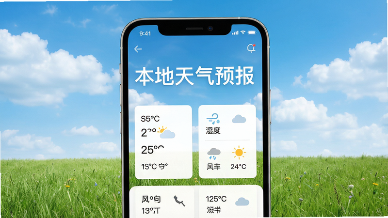 一张展示“本地天气预报”应用界面的高清概念图,主体为手机屏幕,屏幕中央显示大号字体“本地天气预报”,背景为清新的蓝天白云与绿色草地,界面布局简洁,包含温度、湿度、风向等核心数据模块,排版整齐,风格现代简约,细节清晰,画质超清,干净无多余元素