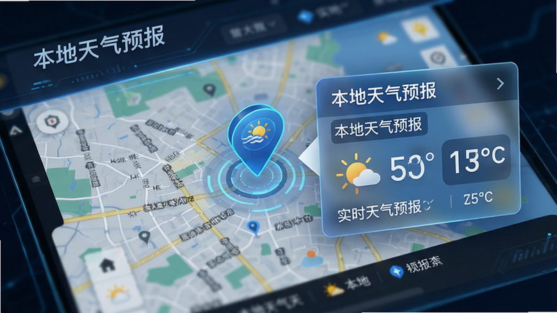 展示“本地天气预报”定位功能的场景图,主体为地图界面与天气卡片重叠,地图中心有一个精确的定位图标,旁边浮现出“本地天气预报”的数据卡片,显示具体街道名称和实时温度,布局层次分明,风格科技感强,细节丰富,画质高清,干净无杂乱