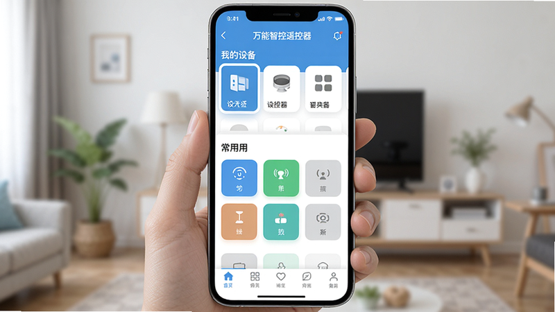主体为手机屏幕界面,显示万能智控遥控器App首页,布局清晰,顶部有设备列表,中部有常用按键区,底部有导航栏,风格为现代扁平化UI设计,细节丰富,画质高清,干净,无多余元素,文字包含
