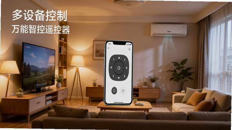 主体为客厅全景,手机悬浮在中央,指向电视和空调,布局和谐,排版具有空间感,风格为温馨家居风,细节展示光线变化,画质逼真,干净,无多余元素,文字包含