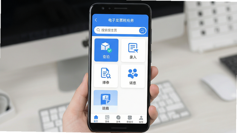 主体展示“电子发票税务工具”安卓APP首页界面,布局清晰,顶部为搜索栏,中部为功能网格图标,底部为导航栏,风格现代简约,扁平化设计,蓝色主色调,细节包含清晰的文字标签如“查验”、“录入”,画质高清,干净,无多余元素
