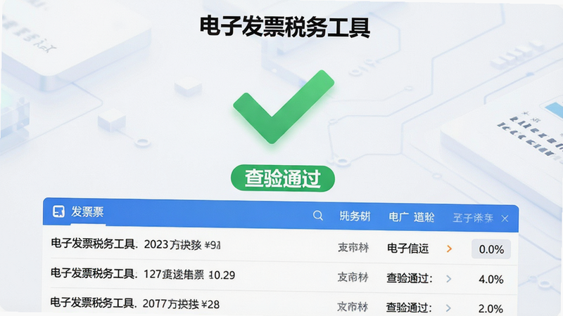 主体为“电子发票税务工具”的查验结果页面,布局中心显示大大的绿色对勾图标,下方显示发票详细信息列表,排版紧凑,风格科技感,细节包含“查验通过”字样,画质清晰,干净,无多余元素