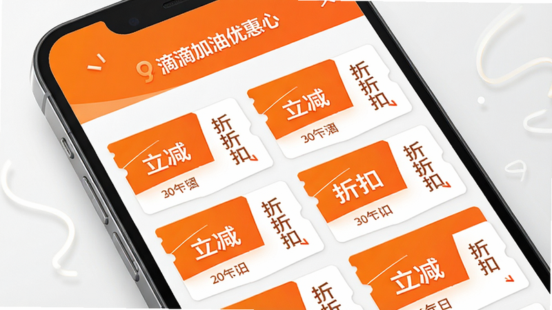 滴滴加油优惠中心页面,主体为优惠券卡片堆叠,布局网格状,排版活泼,风格橙白配色,细节展示“立减”、“折扣”字样,文字“滴滴加油优惠”,画质细腻,干净,无多余元素