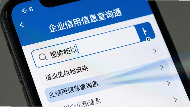 手机屏幕特写,展示“企业信用信息查询通”的搜索界面。主体为搜索输入框,光标闪烁,下方列表展示联想出的相似企业名称,高亮显示匹配关键词。布局紧凑,排版清晰,字体易读。风格为极简主义,细节体现快速搜索的动态感,画质高清,无多余装饰。
