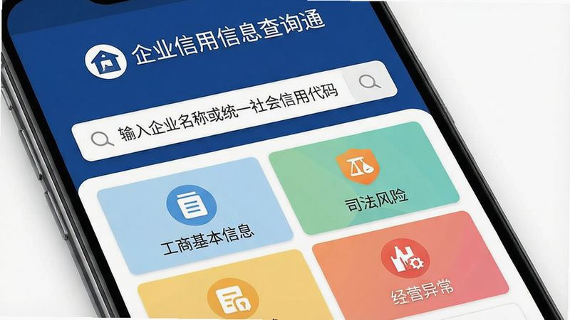 一张高清手机应用界面截图,主体为“企业信用信息查询通”安卓客户端首页。布局采用上下结构,顶部为深蓝色品牌色背景,显示白色Logo和“企业信用信息查询通”字样;中部为醒目的搜索框,提示词为“输入企业名称或统一社会信用代码”;下方为功能网格菜单,包含“工商基本信息”、“司法风险”、“经营异常”四个图标,图标风格扁平化,色彩清新。整体风格为现代商务风,细节处有柔和的阴影效果,画质清晰,无多余杂乱元素。