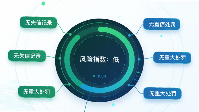“企业信用信息查询通”应用内的风险报告页面。主体为一个环形进度条,显示“风险指数:低”,周围分布着“无失信记录”、“无重大处罚”等标签。布局呈辐射状,视觉中心突出。风格为科技商务风,色彩以绿色和蓝色为主,传达安全信任感。细节丰富,图表清晰,画质精细。