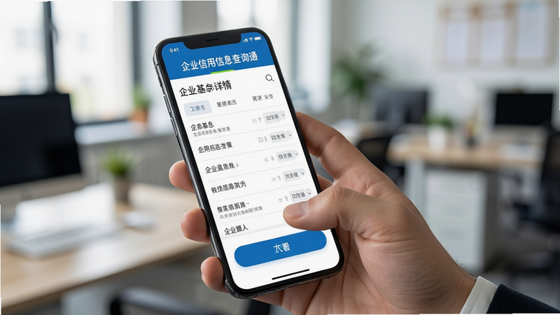 手持智能手机的场景图,手机屏幕显示“企业信用信息查询通”的企业详情页。背景为模糊的办公室环境,突出前景手机。主体为手机界面,显示企业基本信息列表。布局符合人体工学,大按钮易于点击。风格为写实摄影风,光影自然,细节真实,画质高清。