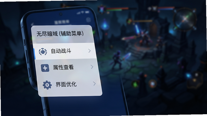 一张展示手机屏幕界面的概念图,主体为深蓝色调的手机应用界面,左侧悬浮着一个半透明的白色菜单栏,菜单上清晰显示着