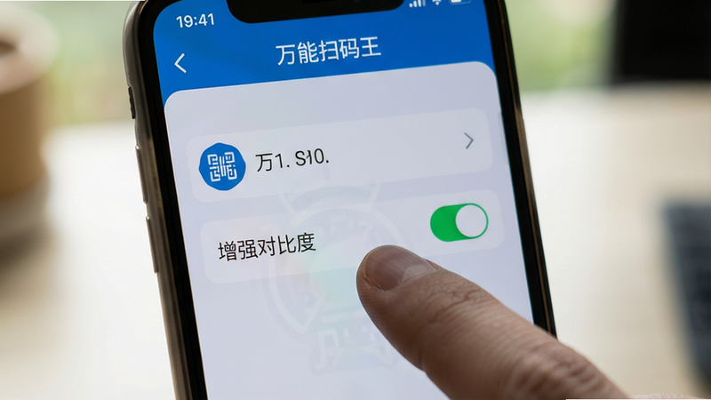 手机屏幕显示“万能扫码王”设置界面,手指正在点击“增强对比度”开关,界面元素清晰,背景虚化,突出操作细节,风格写实,光照自然,画质细腻,无水印