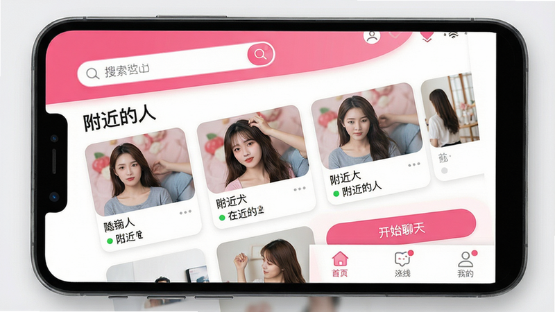 主体为手机屏幕展示同城甜爱APP首页界面,布局清晰包含顶部搜索栏、中部附近的人卡片列表、底部导航栏,排版整洁有序,风格为现代扁平化设计,色调以粉色和白色为主,细节呈现用户头像、距离标识及在线状态,画质高清,干净,无多余元素,文字内容包含