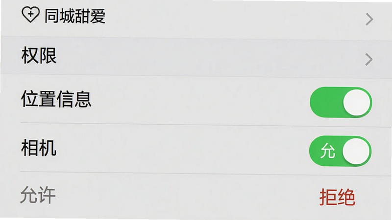 主体为手机设置界面截图,布局显示应用权限管理列表,排版整齐,风格为系统默认UI,细节高亮“位置信息”、“相机”权限开关,画质清晰,干净,无多余元素,文字包含