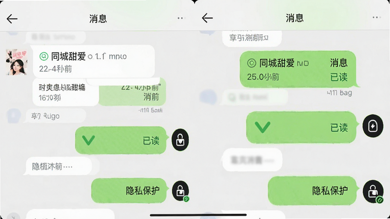主体为聊天界面截图,布局显示左右两侧对话气泡,排版紧凑且阅读舒适,风格简洁现代,细节展示已读标记、时间戳及隐私保护图标,画质锐利,干净,无多余元素,文字包含