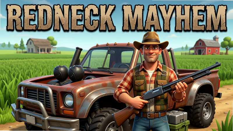 展示Redneck Mayhem游戏全景,主体为一名手持霰弹枪的乡村枪手站在改装皮卡车旁,背景是广阔的绿色田野和远处的农舍,布局居中,排版清晰,风格为卡通写实结合,细节丰富,画质高清,干净,无多余元素,文字“Redneck Mayhem”位于顶部,字体粗犷