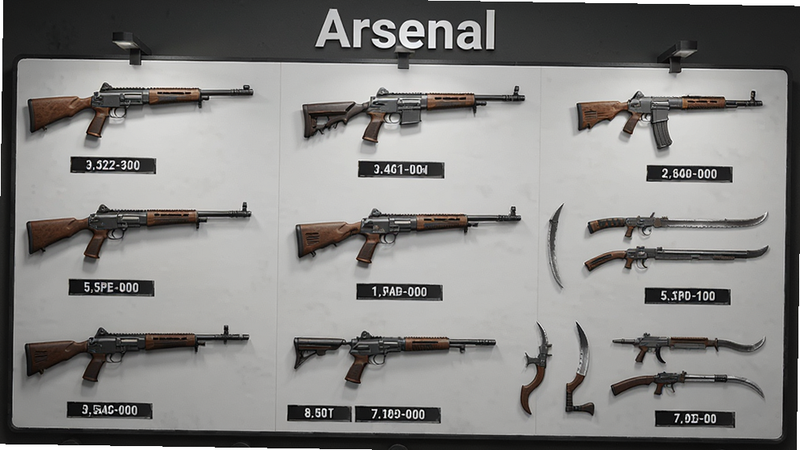 Redneck Mayhem武器展示墙,主体为整齐排列的各种枪械和近战武器,布局为网格状,排版规整,风格为游戏物品展示,细节显示武器型号标签,画质细腻,干净,无多余元素,文字“Arsenal”位于顶部