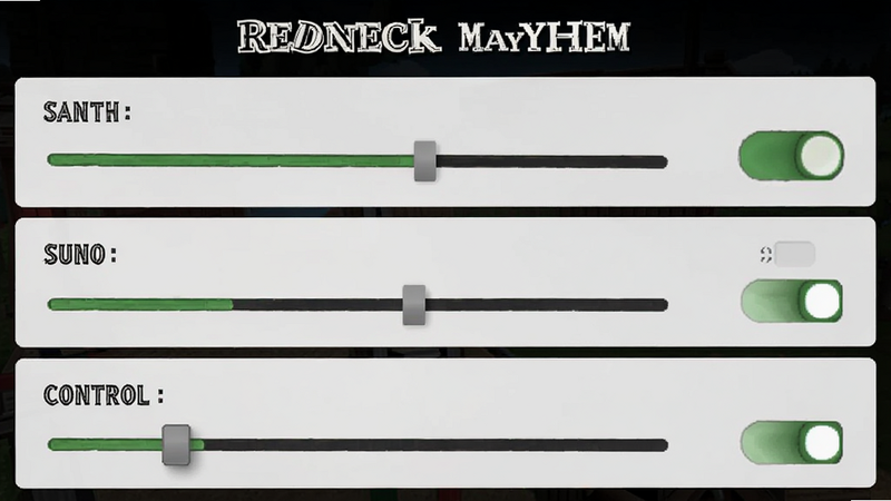 Redneck Mayhem游戏设置界面截图,主体为画质、音频和控制选项列表,布局为纵向排列,排版清晰,风格为简洁UI,细节显示滑块和开关状态,画质清晰,干净,无多余元素
