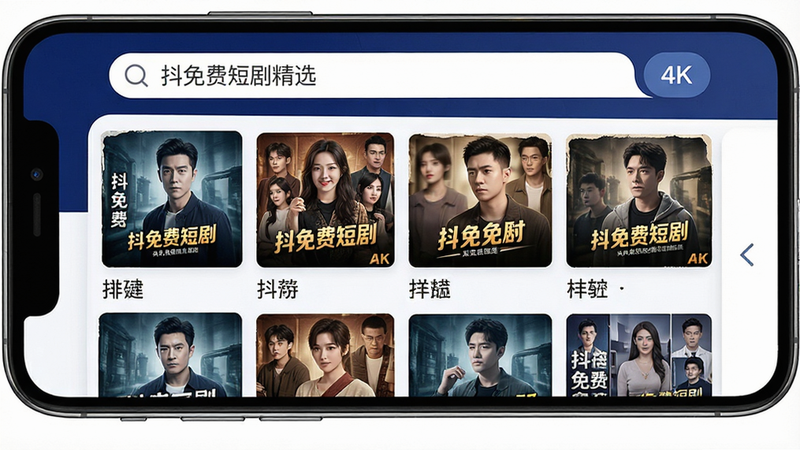 一张高清手机界面展示图,主体为“抖免费短剧精选”APP首页,布局清晰,顶部搜索栏醒目,中间是网格状短剧封面推荐,风格现代简约,色彩以深蓝和白色为主,细节丰富,画质4k,干净无多余元素,文字标注“抖免费短剧精选”