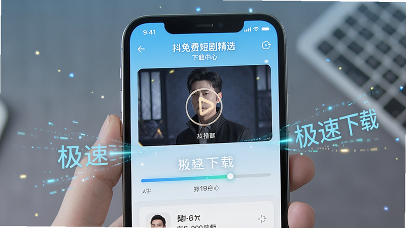 展示手机正在下载视频的界面,主体为“抖免费短剧精选”APP的下载中心,布局简洁,有进度条显示,风格清新,细节表现数据流动感,画质清晰,干净,文字标注“极速下载”