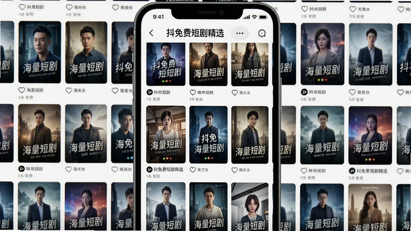 展示手机屏幕上密集的短剧海报列表,主体为“抖免费短剧精选”APP的资源库页面,布局整齐,排版紧凑,风格科技感强,细节展现高清封面,画质高,干净,文字标注“海量短剧”