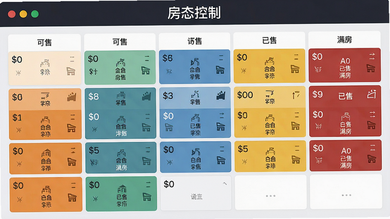 主体为房态日历视图,布局为网格状,不同颜色代表可售、已售、满房状态,细节包含价格数字、房型图标,风格现代简约,画质高保真,干净,无多余元素,文字“房态控制”位于顶部标题栏