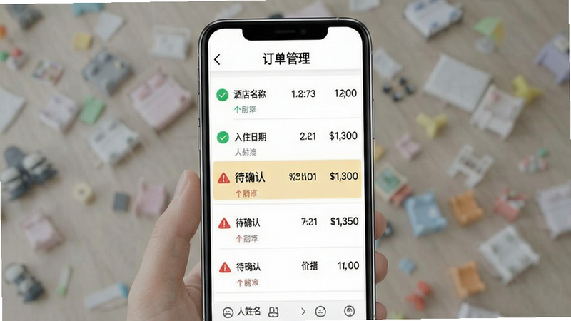 主体为手机端订单处理界面,布局为列表形式,高亮显示“待确认”状态,包含酒店名称、入住日期、客人姓名及价格,风格扁平化设计,细节有绿色对勾图标、红色警示标志,画质清晰,干净,无多余元素,文字“订单管理”居中显示