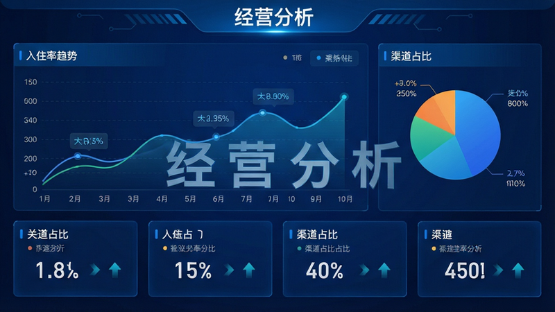 主体为数据仪表盘界面,布局包含折线图、饼图及关键指标卡片,显示入住率趋势、渠道占比,风格科技感蓝色背景,细节有数据标签、趋势箭头,画质高清,干净,无多余元素,文字“经营分析”醒目显示