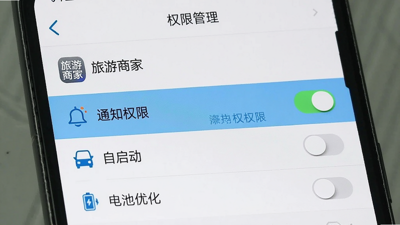 主体为手机设置界面,显示“旅游商家”应用权限设置页,布局为列表形式,高亮显示“通知权限”、“自启动”、“电池优化”选项,风格系统原生简洁风,细节有开关按钮、图标,画质清晰,干净,无多余元素,文字“权限管理”位于顶部